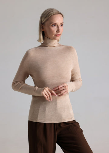 MANQUEEN M6601 Women's 100% Merino Wool Turtleneck Pullover Sweaters -Beige