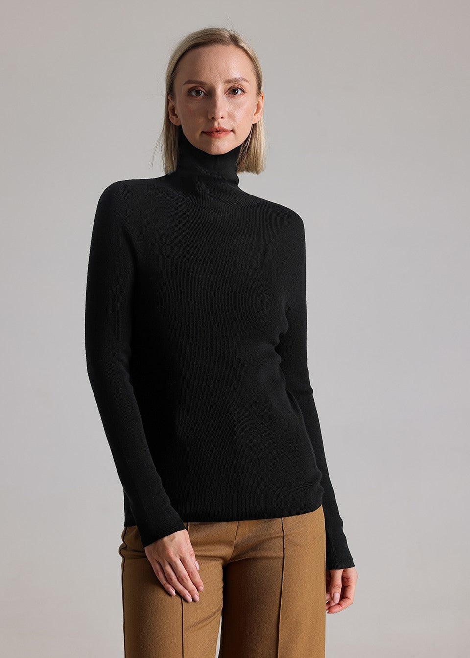 MANQUEEN M6601 Women's 100% Merino Wool Turtleneck Pullover Sweaters -Black