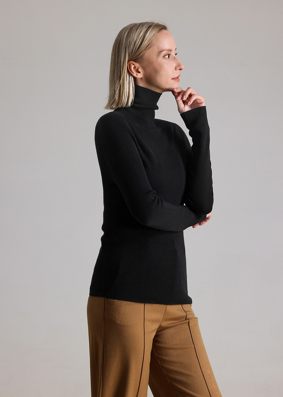 MANQUEEN M6601 Women's 100% Merino Wool Turtleneck Pullover Sweaters -Black