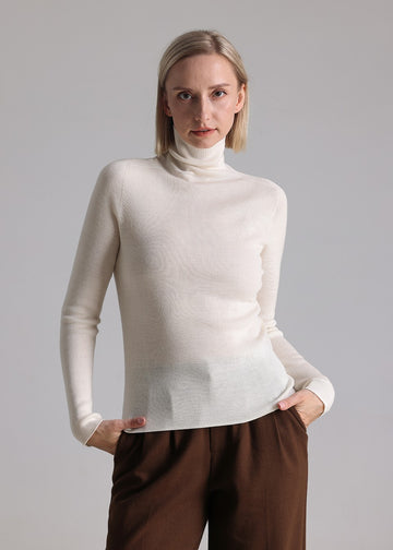 MANQUEEN M6601 Women's 100% Merino Wool Turtleneck Pullover Sweaters -White