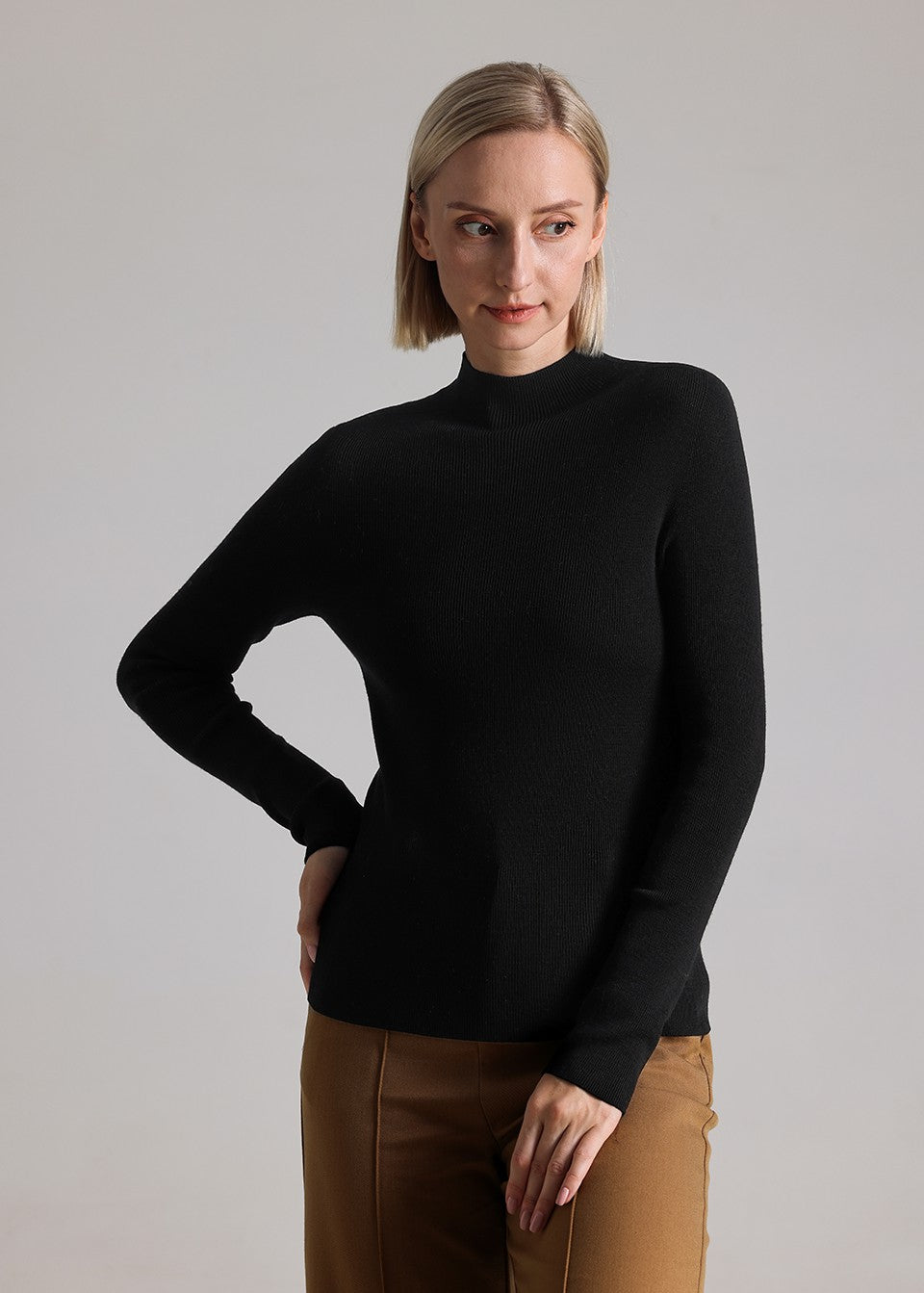 MANQUEEN M6602 Women's 100% Merino Wool Mock Neck Pullover Sweaters - Black