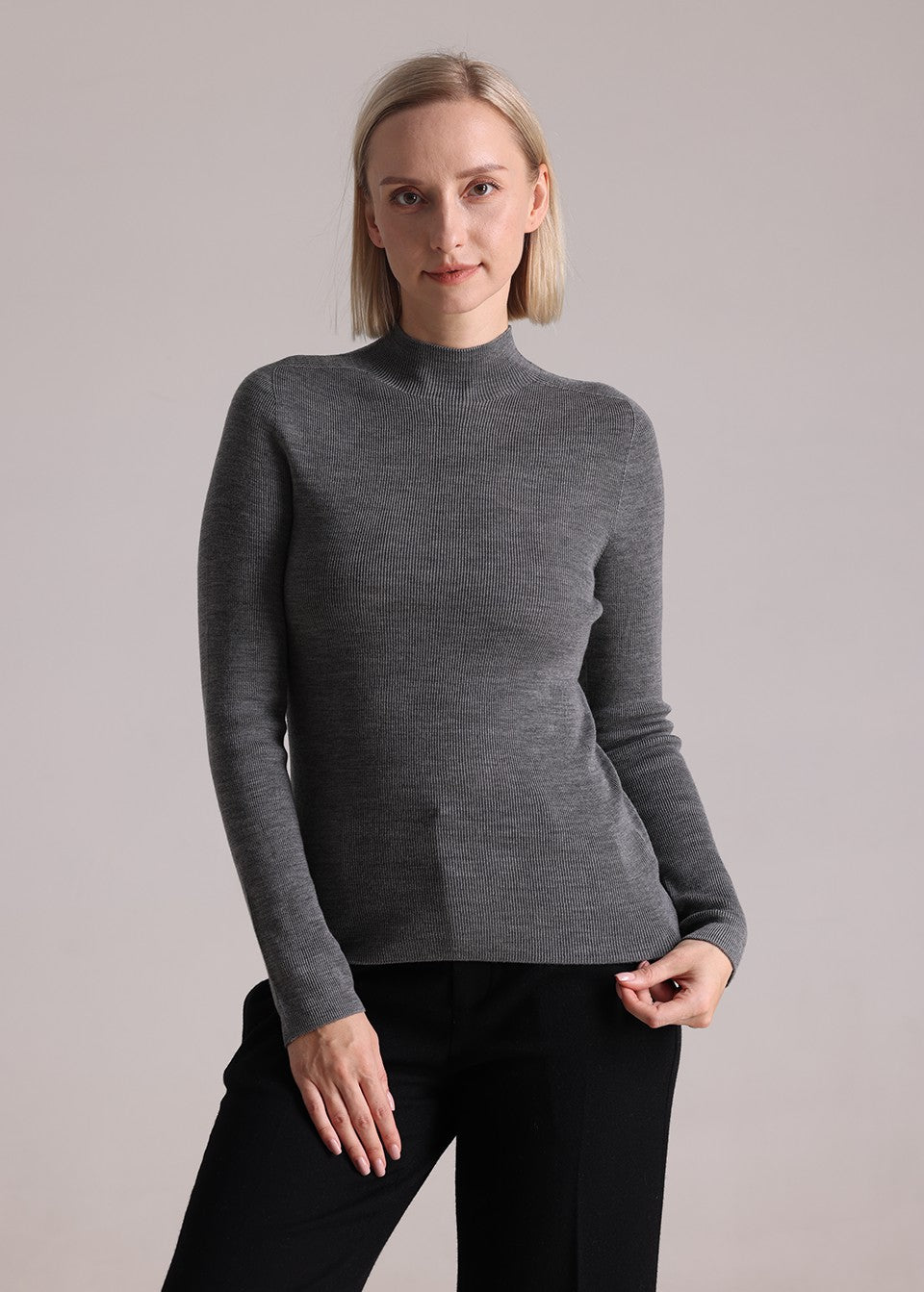 MANQUEEN M6602 Women's 100% Merino Wool Mock Neck Pullover Sweaters - Gray