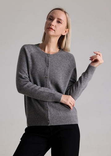 MANQUEEN M72335 Women's 100% Merino Wool Round Neck Cardigan Sweaters - Gray