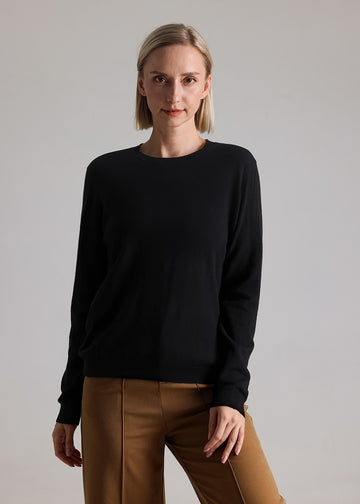 MANQUEEN M8828 Women's 100% Merino Wool Round Neck Pullover Sweaters - Black