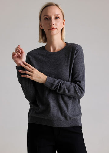 MANQUEEN M8828 Women's 100% Merino Wool Round Neck Pullover Sweaters - Dark Gray