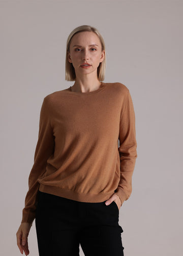 MANQUEEN M8828 Women's 100% Merino Wool Round Neck Pullover Sweaters - Khaki