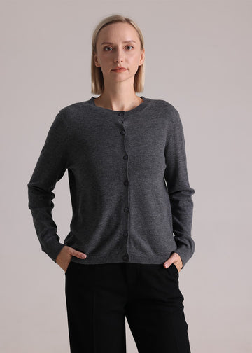 MANQUEEN M8830 Women's 100% Merino Wool Round Neck Cardigan Sweaters - Dark Gray