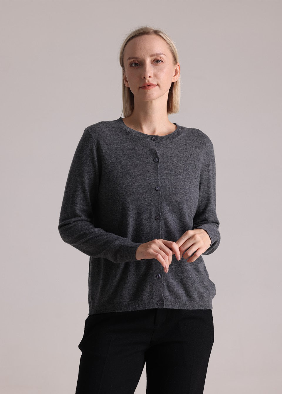 MANQUEEN M8830 Women's 100% Merino Wool Round Neck Cardigan Sweaters - Dark Gray