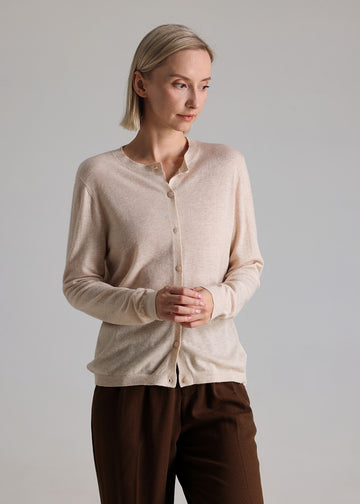 MANQUEEN M8830 Women's 100% Merino Wool Round Neck Cardigan Sweaters - Light Beige