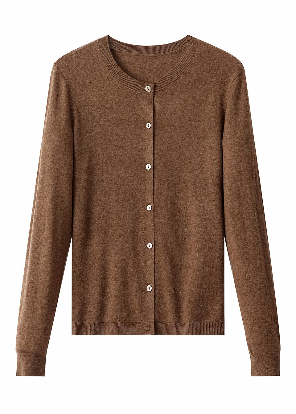 MANQUEEN M8830 Women's 100% Merino Wool Round Neck Cardigan Sweaters - Mocha Brown