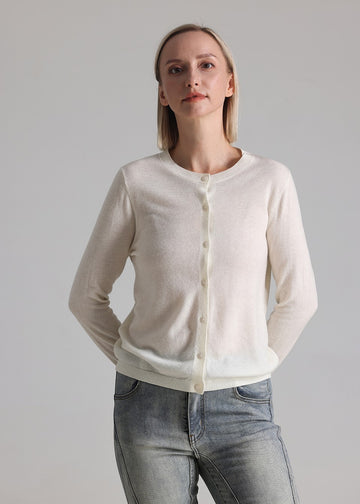 MANQUEEN M8830 Women's 100% Merino Wool Round Neck Cardigan Sweaters - White