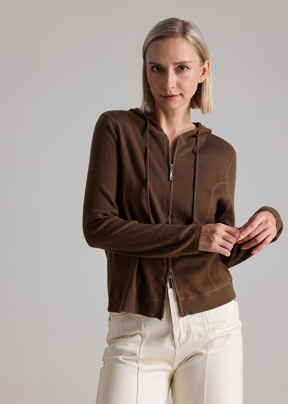 MANQUEEN M8838 Women's 100% Merino Wool Hooded Zip-up Cardigan Sweater- Mocha Brown