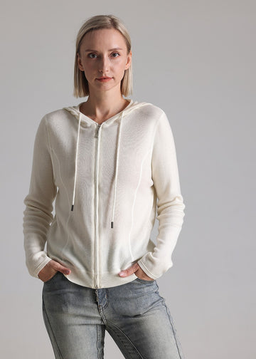 MANQUEEN M8838 Women's 100% Merino Wool Hooded Zip-up Cardigan Sweater- White