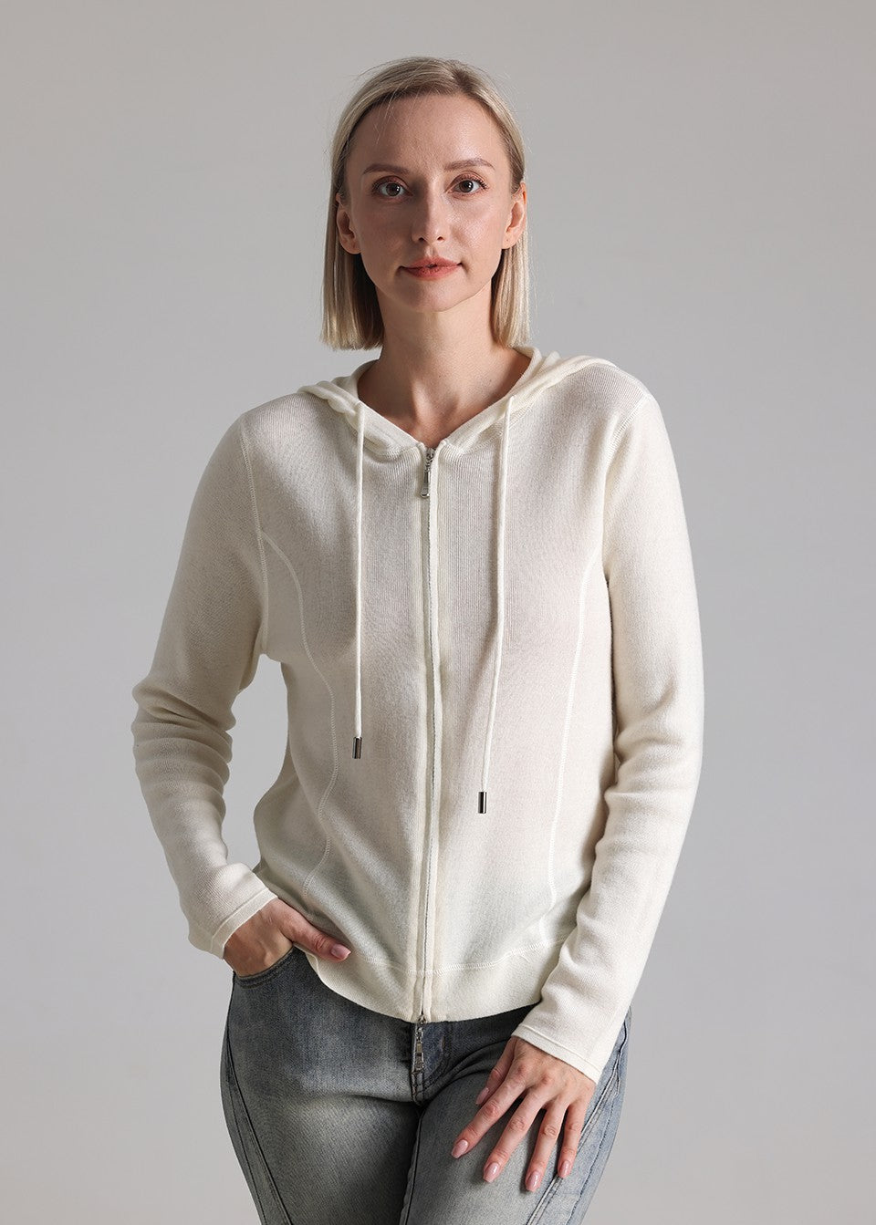 MANQUEEN M8838 Women's 100% Merino Wool Hooded Zip-up Cardigan Sweater- White