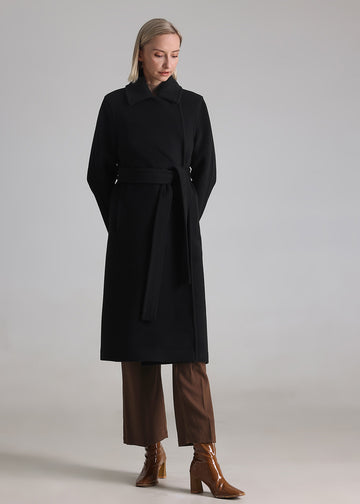 MANQUEEN M336 Women's Long Wool and Cashmere Blend Wrap Coat with Lining-Black