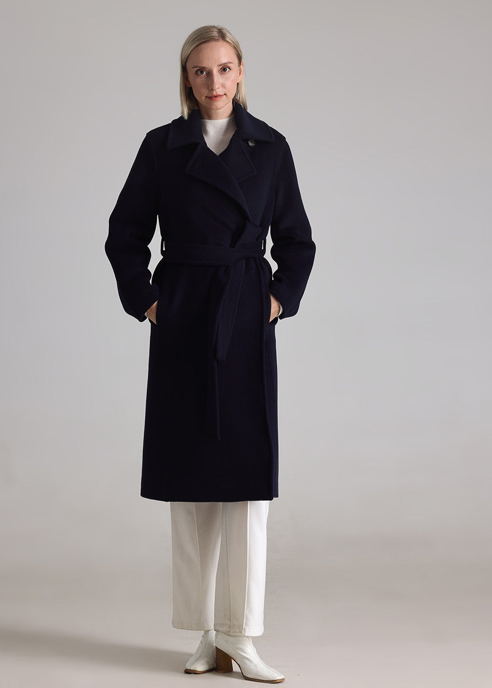 MANQUEEN M336 Women's Long Wool and Cashmere Blend Wrap Coat with Lining-Marine Blue