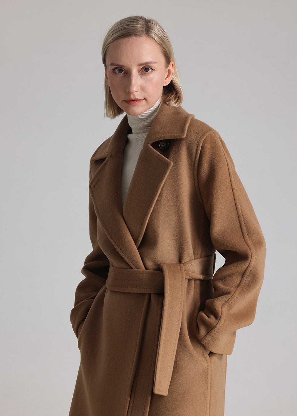 MANQUEEN M336 Women's Long Wool and Cashmere Blend Wrap Coat with Lining-Camel