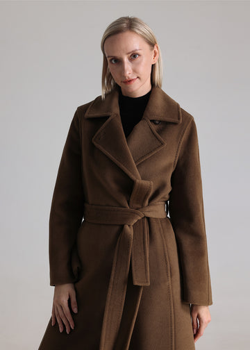 MANQUEEN M336 Women's Long Wool and Cashmere Blend Wrap Coat with Lining-Tabacoo