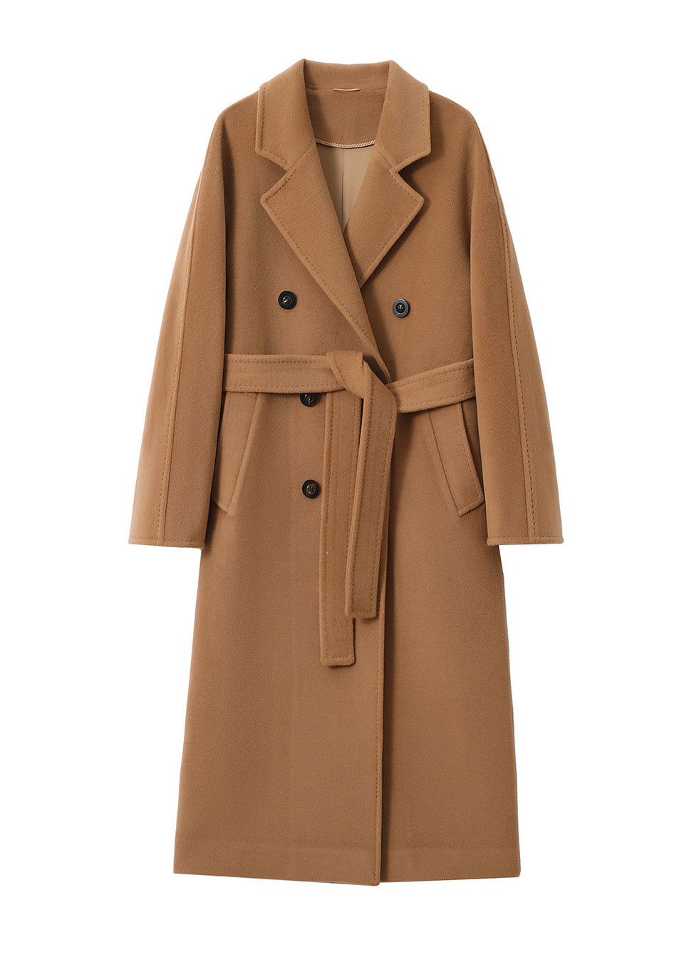 MANQUEEN M337 Double-Breasted Long Wool and Cashmere Blend Coat for Women with Lining-Brown Camel