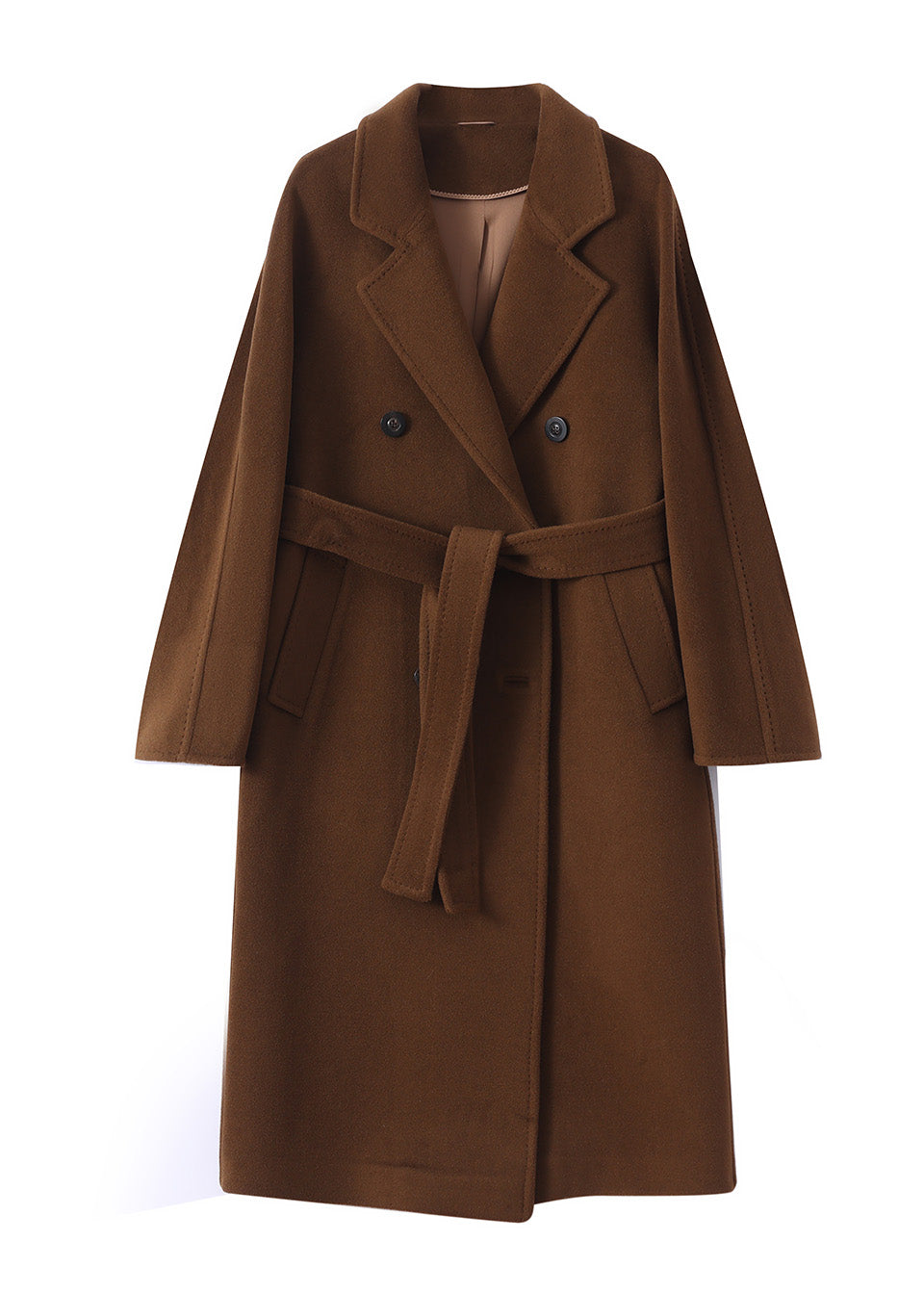 MANQUEEN M337 Double-Breasted Long Wool and Cashmere Blend Coat for Women with Lining-Coffee Camel