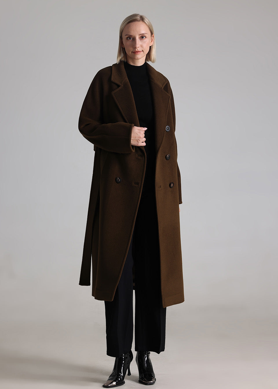 MANQUEEN M337 Double-Breasted Long Wool and Cashmere Blend Coat for Women with Lining-Coffee Camel