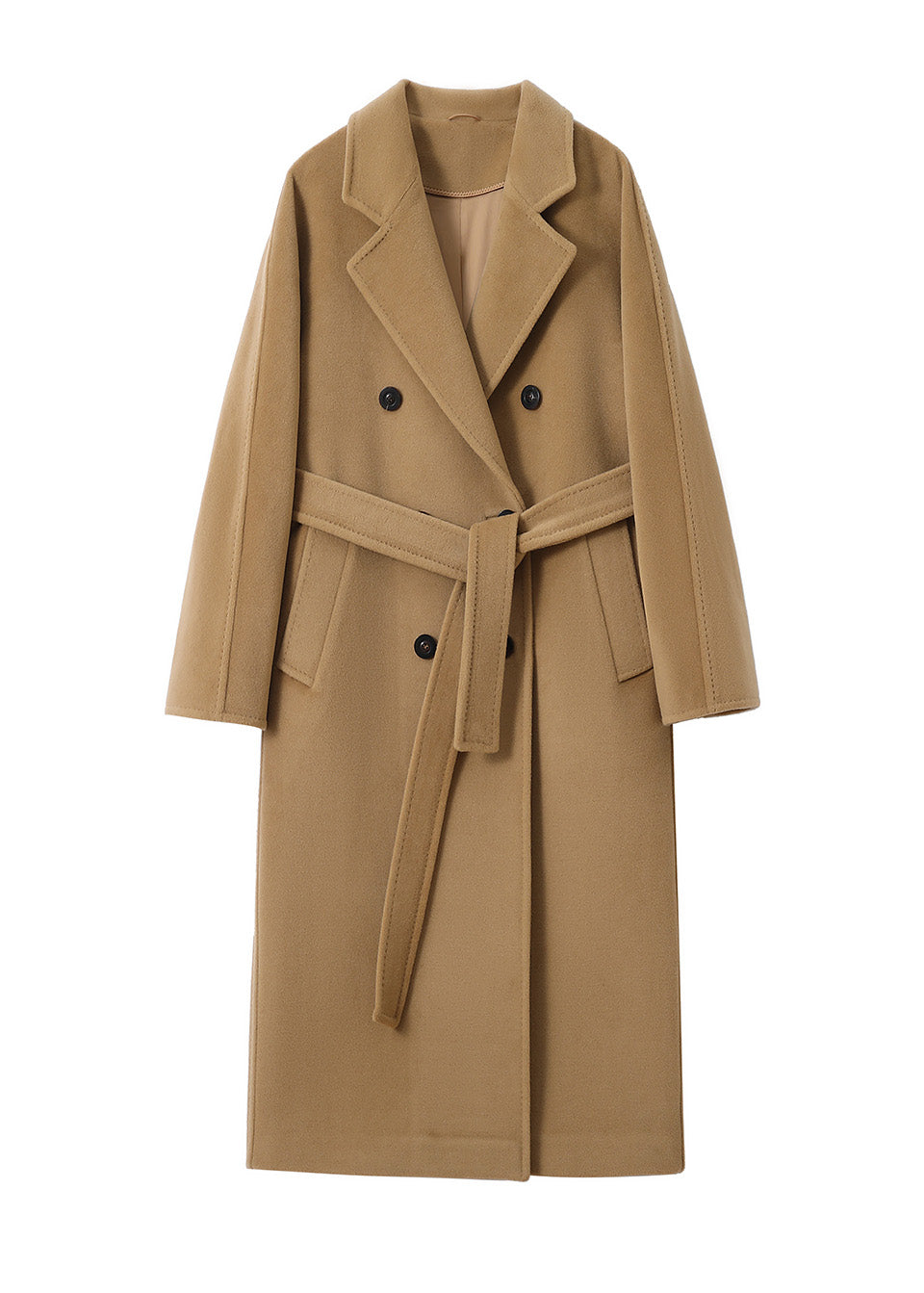 MANQUEEN M337 Double-Breasted Long Wool and Cashmere Blend Coat for Women with Lining-Gold Camel