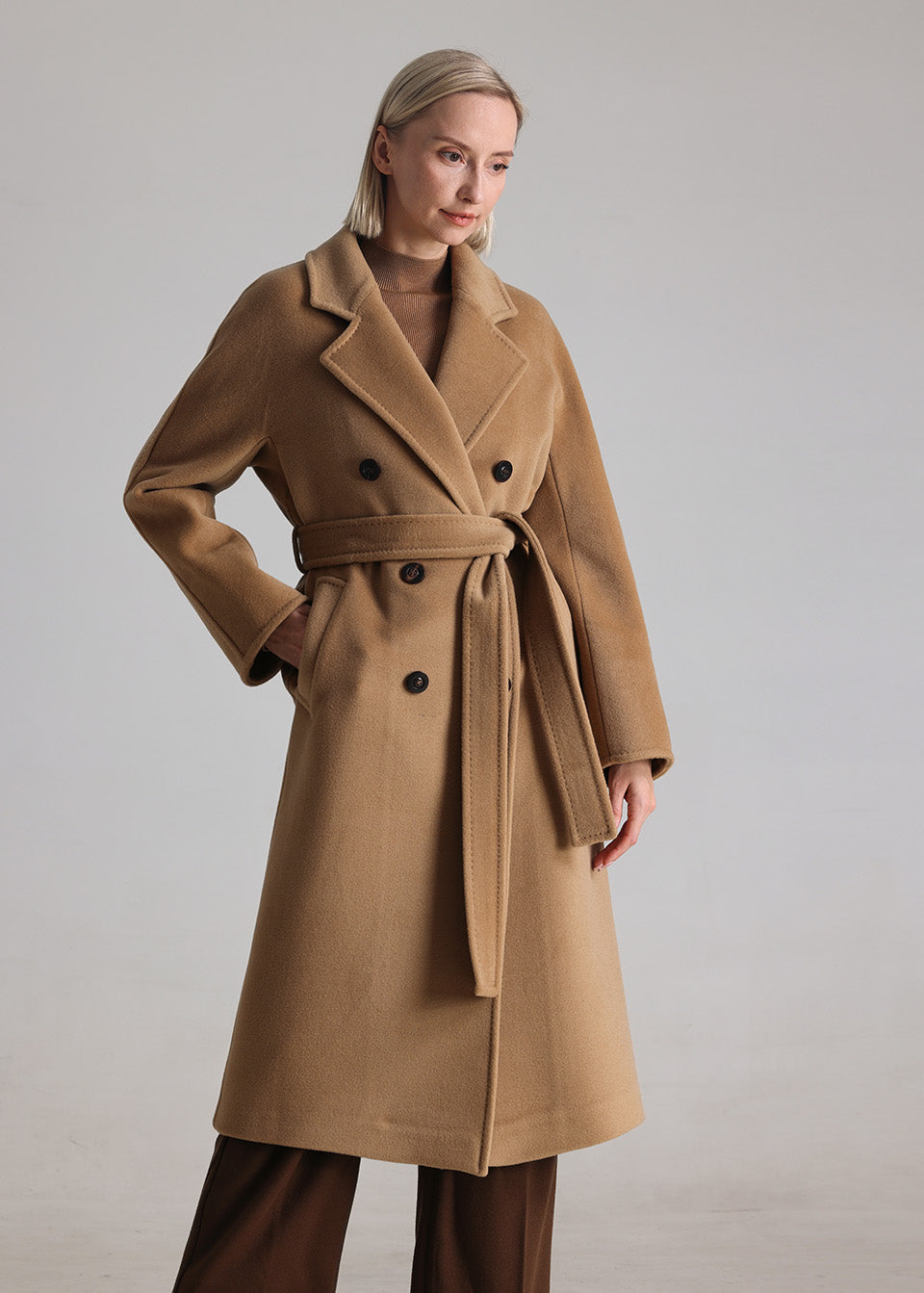 MANQUEEN M337 Double-Breasted Long Wool and Cashmere Blend Coat for Women with Lining-Gold Camel