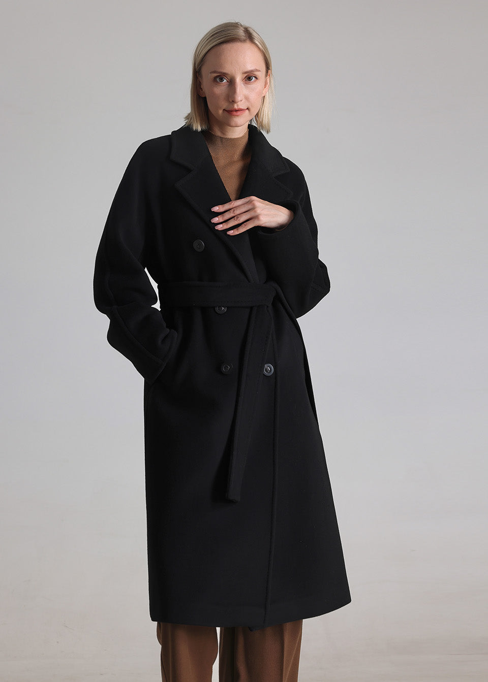 MANQUEEN M337 Double-Breasted Long Wool and Cashmere Blend Coat for Women with Lining-Black