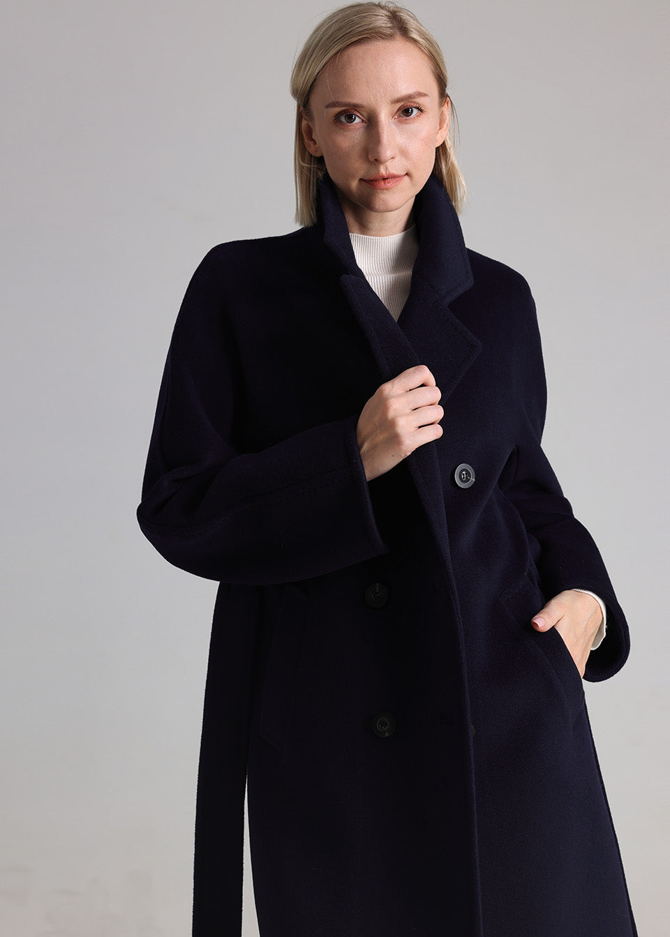 MANQUEEN M337 Double-Breasted Long Wool and Cashmere Blend Coat for Women with Lining-Marine Blue