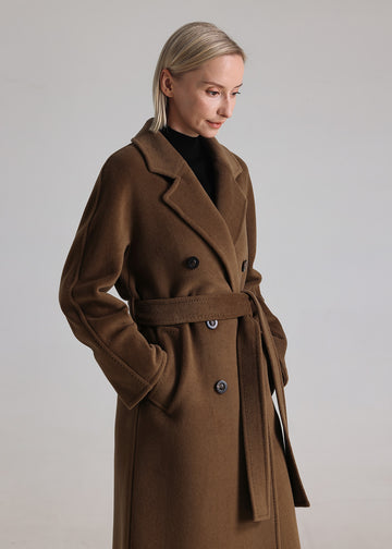 MANQUEEN M337 Double-Breasted Long Wool and Cashmere Blend Coat for Women with Lining-Tabacoo