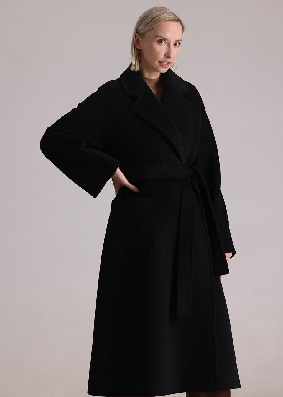 MANQUEEN M339 Women's Long Wool and Cashmere Blend Wrap Coat with Lining-Black