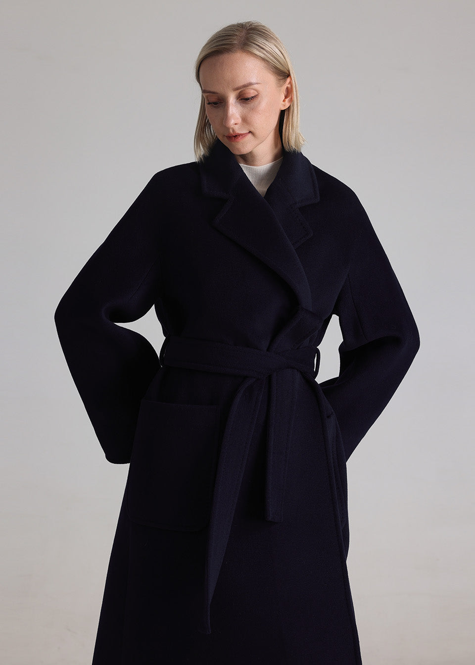 MANQUEEN M339 Women's Long Wool and Cashmere Blend Wrap Coat with Lining-Marine Blue