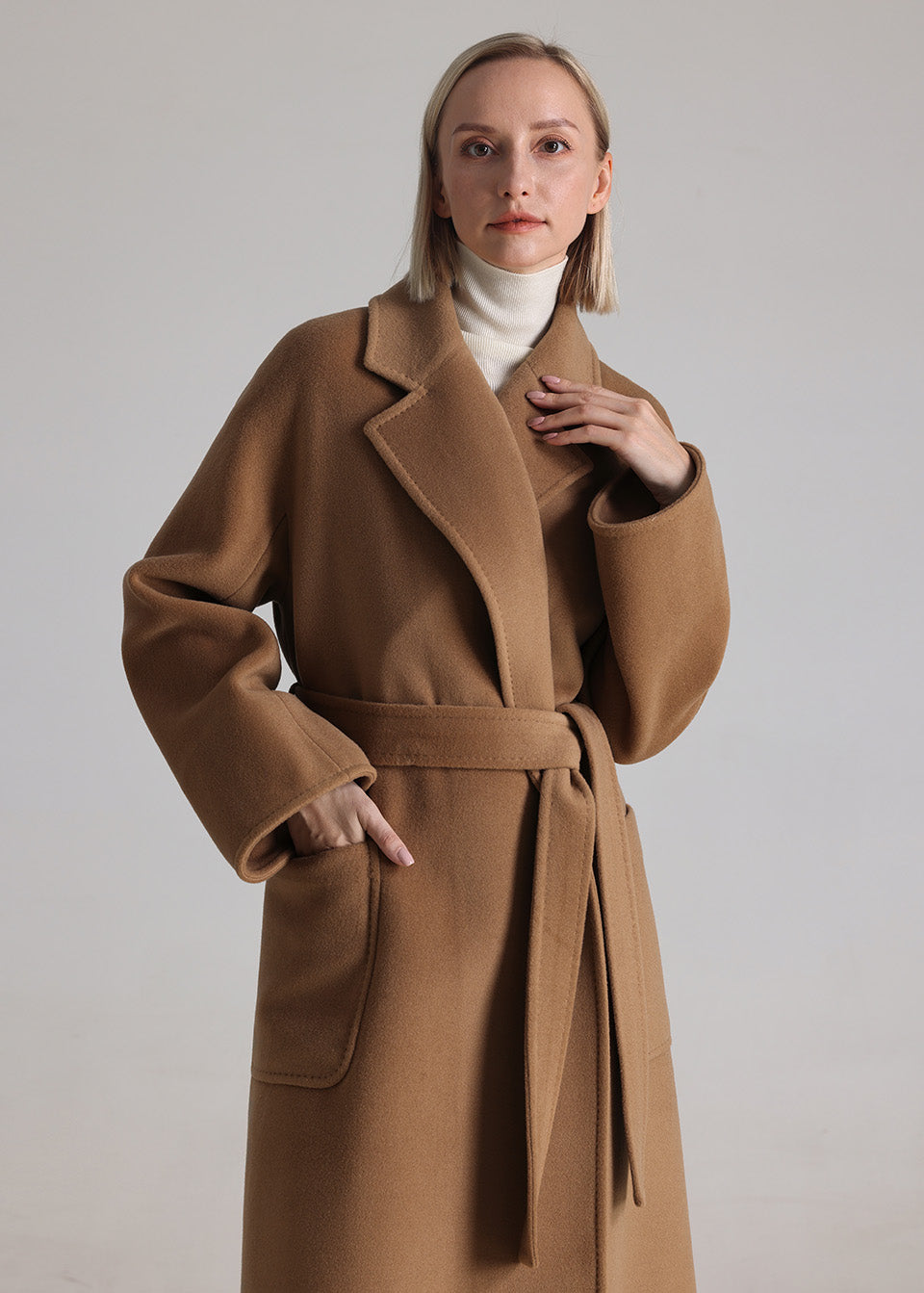 MANQUEEN M339 Women's Long Wool and Cashmere Blend Wrap Coat with Lining-Camel