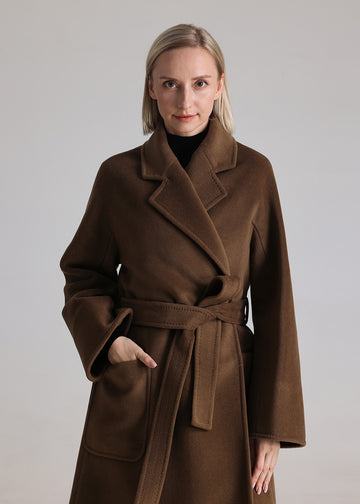 MANQUEEN M339 Women's Long Wool and Cashmere Blend Wrap Coat with Lining-Tabacoo