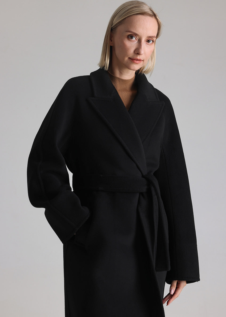 MANQUEEN M341 Women's Long Wool and Cashmere Blend Wrap Coat with Lining-Black