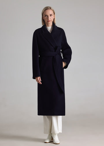 MANQUEEN M341 Women's Long Wool and Cashmere Blend Wrap Coat with Lining-Marine Blue