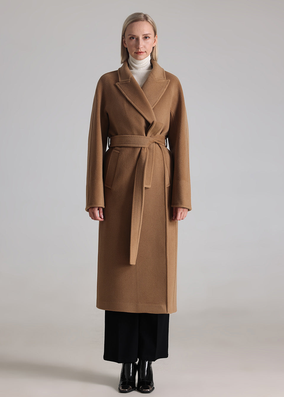 MANQUEEN M341 Women's Long Wool and Cashmere Blend Wrap Coat with Lining-Camel