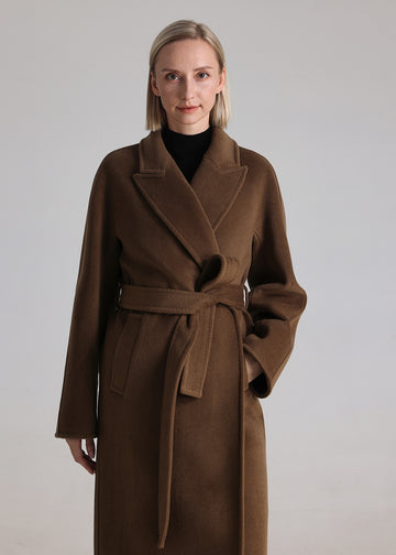 MANQUEEN M341 Women's Long Wool and Cashmere Blend Wrap Coat with Lining-Tabacoo