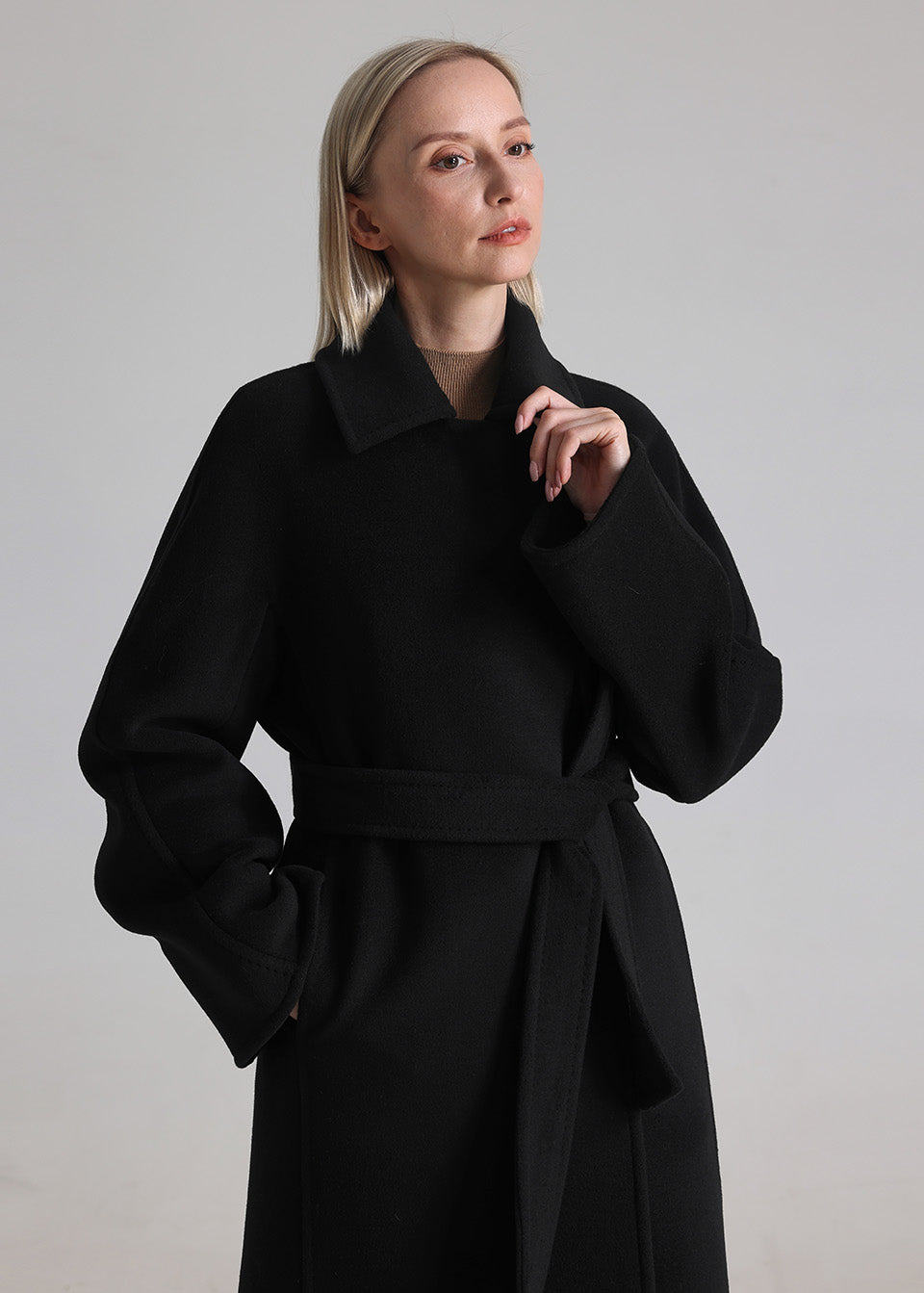 MANQUEEN M342 Women's Long Wool and Cashmere Blend Wrap Coat with Lining-Black