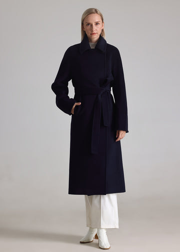 MANQUEEN M342 Women's Long Wool and Cashmere Blend Wrap Coat with Lining-Marine Blue