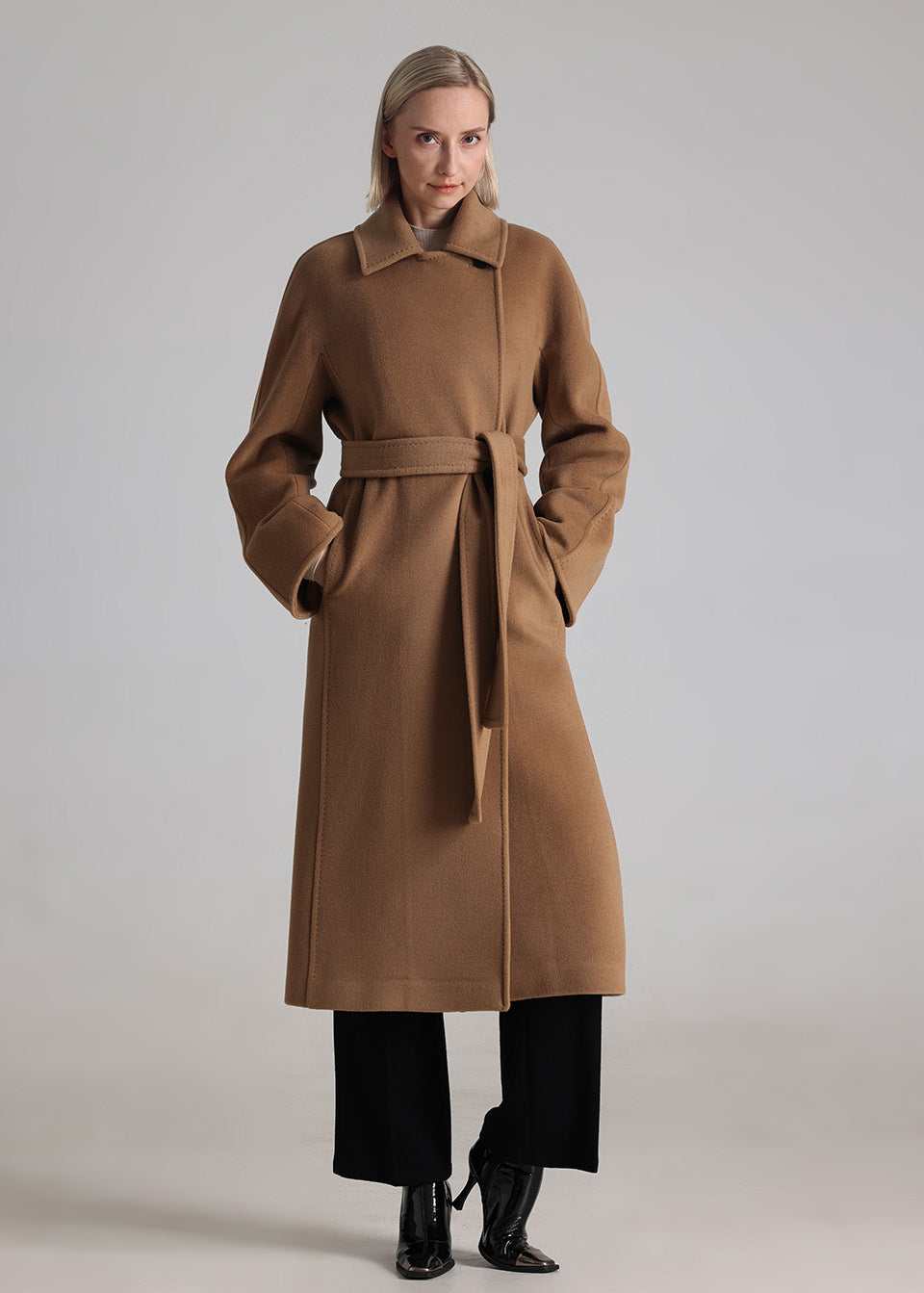 MANQUEEN M342 Women's Long Wool and Cashmere Blend Wrap Coat with Lining-Camel