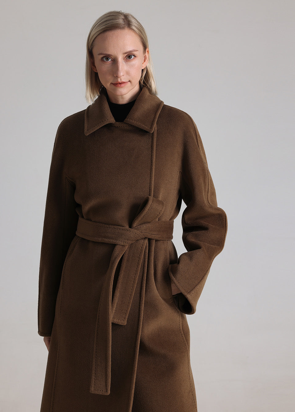 MANQUEEN M342 Women's Long Wool and Cashmere Blend Wrap Coat with Lining-Tabacoo