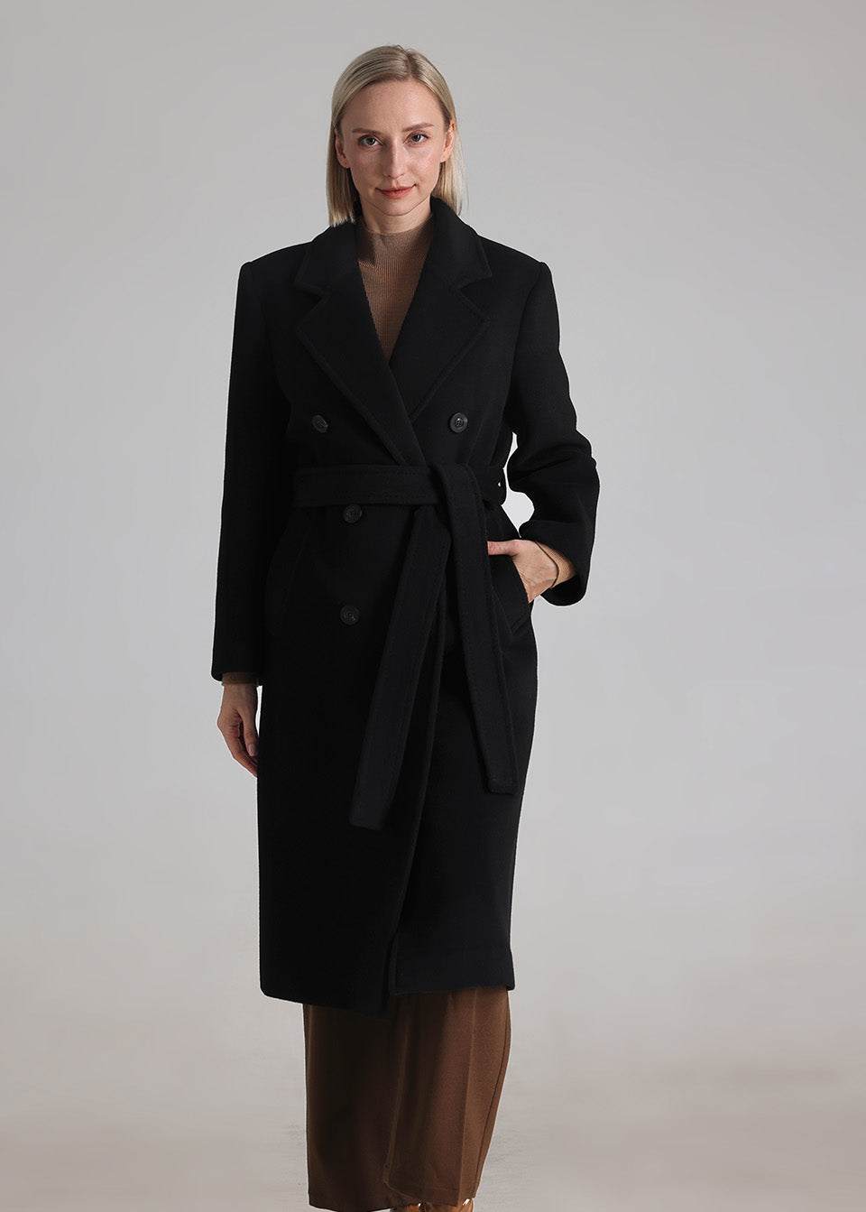 MANQUEEN M343 Double-Breasted Long Wool and Cashmere Blend Coat for Women with Lining-Black