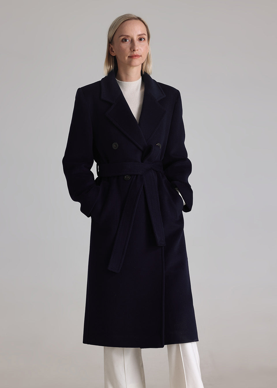 MANQUEEN M343 Double-Breasted Long Wool and Cashmere Blend Coat for Women with Lining-Marine Blue