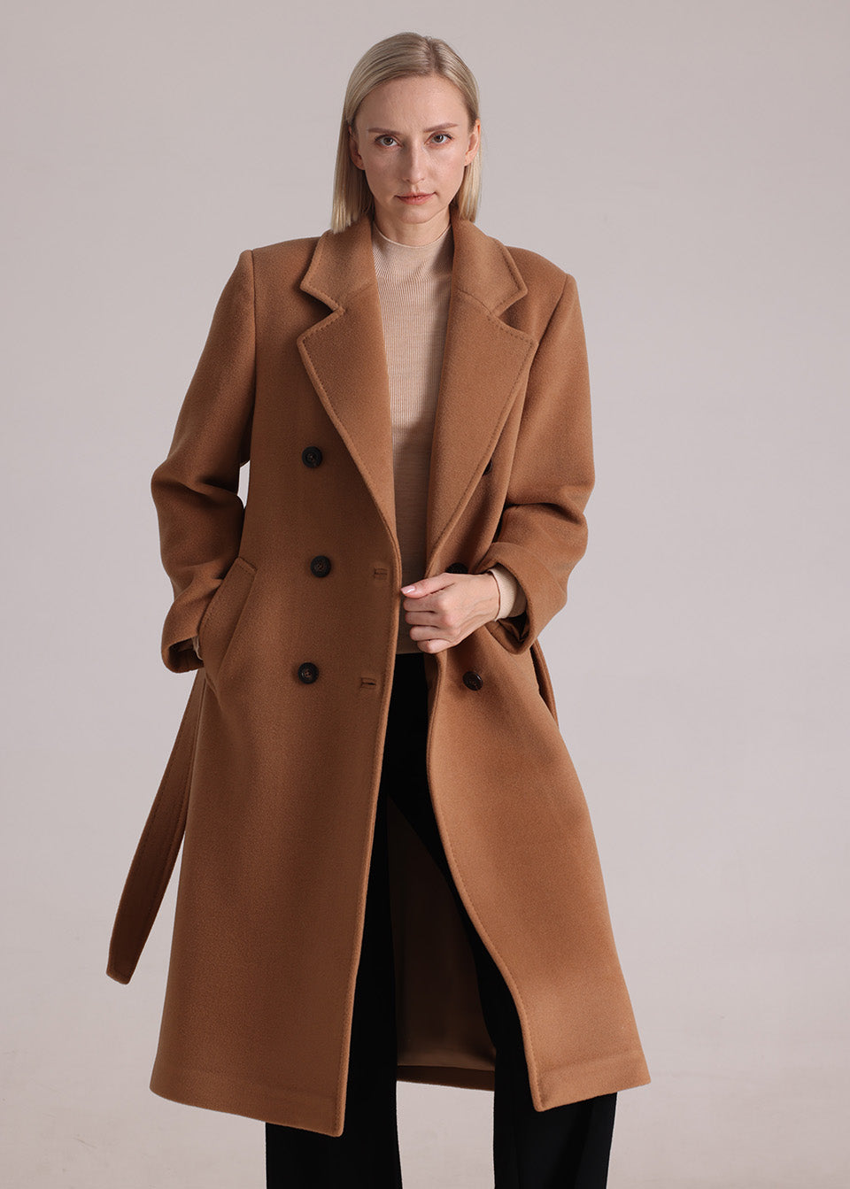 MANQUEEN M343 Double-Breasted Long Wool and Cashmere Blend Coat for Women with Lining-Camel