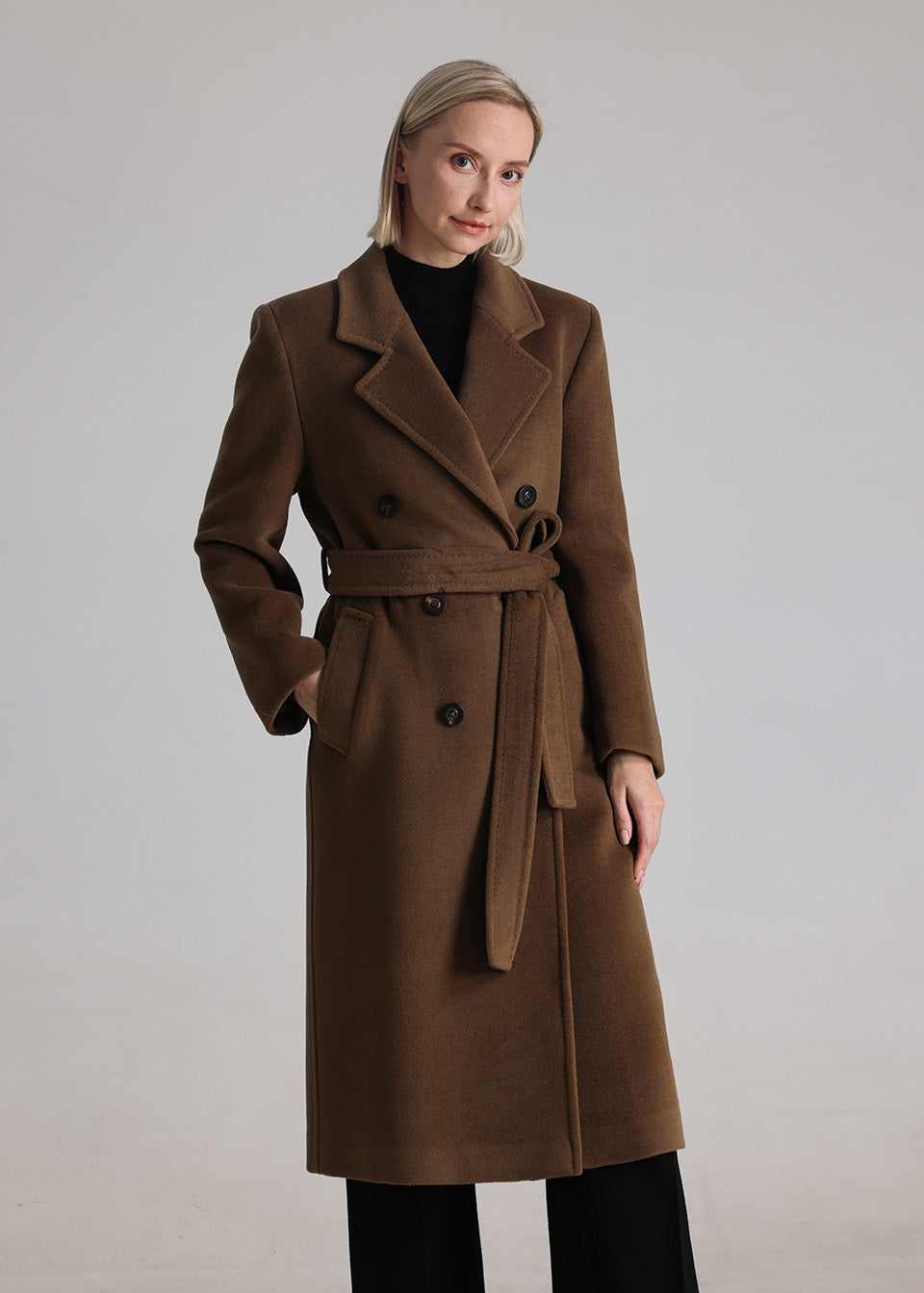 MANQUEEN M343 Double-Breasted Long Wool and Cashmere Blend Coat for Women with Lining-Tabacoo