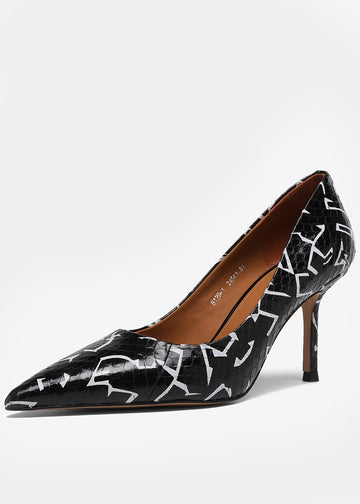 MANQUEEN M812D-1 Women's Luxury Handmade Snakeskin Pointed Toe Pumps - Black